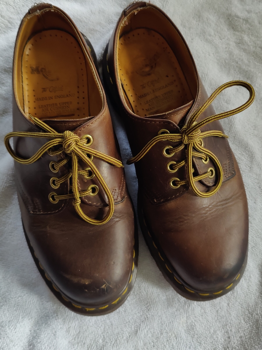 Dr. Martens Brown Leather 5-Eye Derby Shoes with Yellow Stitching